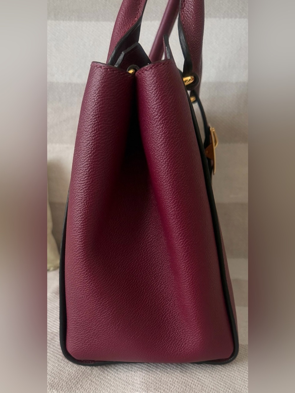 Burberry Burgundy Leather Top-Handle Satchel with Check Strap - Picture 6 of 12